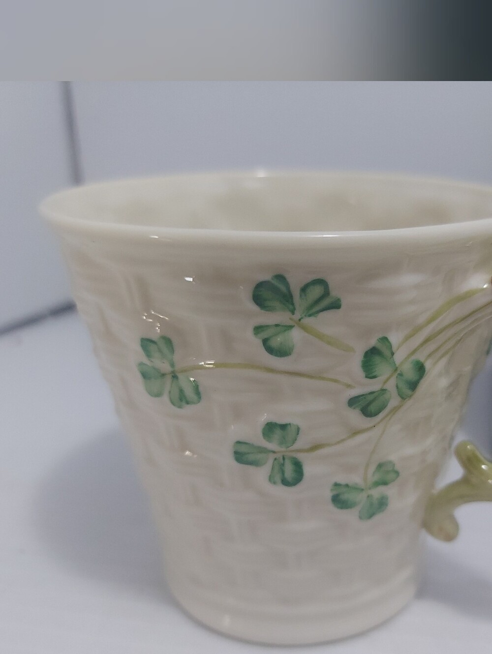 Shamrock Porcelain Coffee Mug by Belleek Ireland Hand Painted Woven Pattern NOS